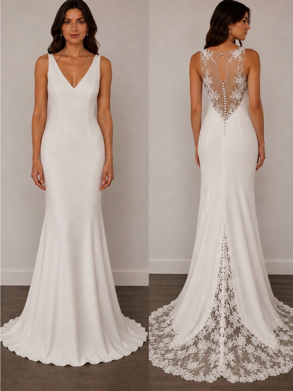 Wedding Dress, Oleg Cassini Ivory V-Neck Slip Gown with Lace Back Detail